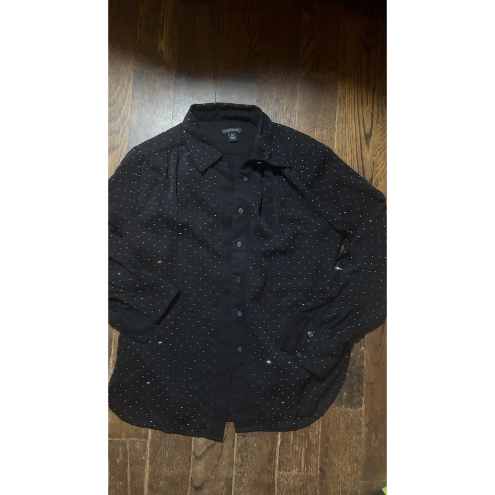 Ann Taylor Black Woman's Xs Petite Collared Blouse Top Shirt Sparkles